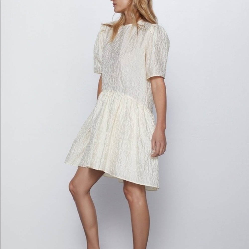 Zara Womens Cream Floral Oversized Puff Sleeve Drop Waist Mini Dress XS *READ
